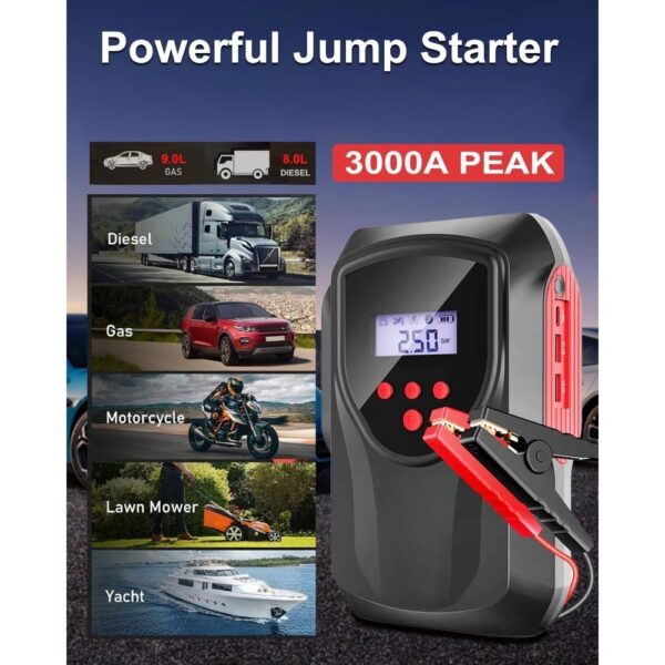Car Battery Starter With Air Compressor, 3000A 150PSI Portable Car Battery Starter12V Battery Charger Booster Box Car With LCD Display, LED Light, USB QC3.0 - Image 9