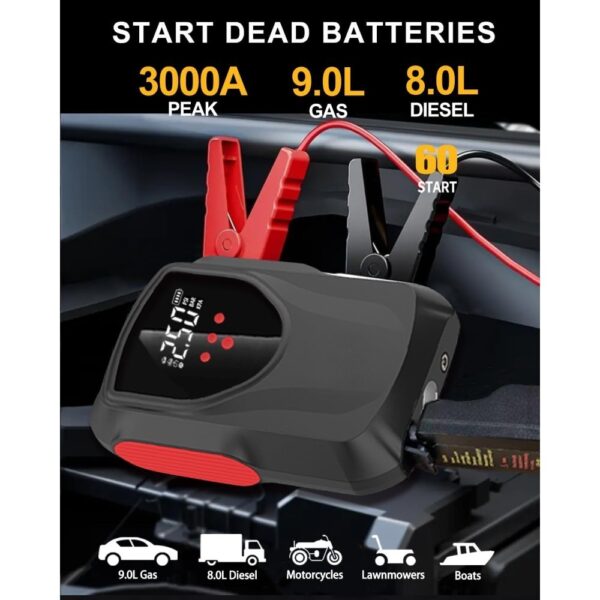 Car Battery Starter With Air Compressor, 3000A 150PSI Portable Car Battery Starter12V Battery Charger Booster Box Car With LCD Display, LED Light, USB QC3.0 - Image 7