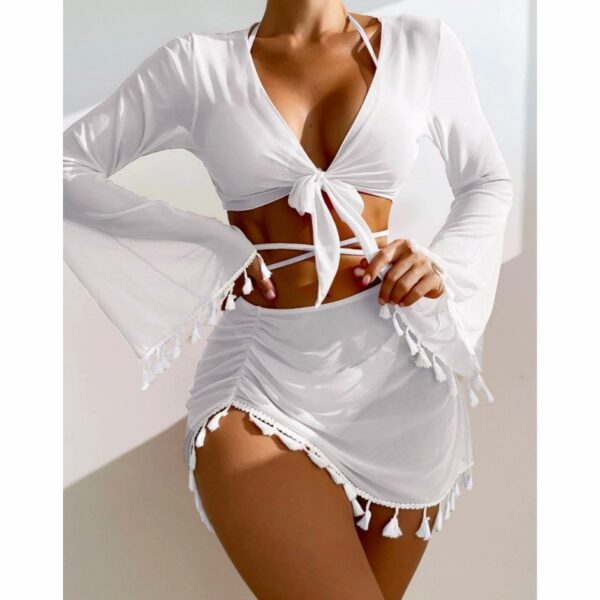 4pcs Solid Color Bikini With Short Skirt And Long Sleeve Cover-up Fashion Bow Tie Fringed Swimsuit Set Summer Beach Womens Clothing - Image 2