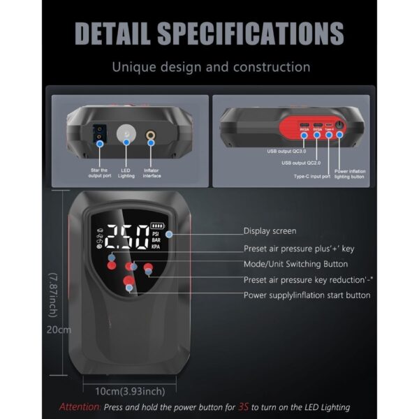 Car Battery Starter With Air Compressor, 3000A 150PSI Portable Car Battery Starter12V Battery Charger Booster Box Car With LCD Display, LED Light, USB QC3.0 - Image 6