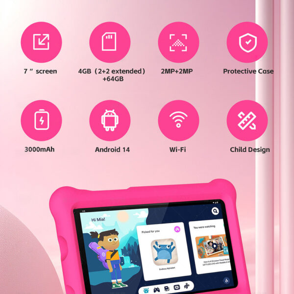 G-tab T7 Kids Tablet  7 Inch 1024&600 IPS Screen  Android 14  1.5GHz Quad-core CPU  4GB RAM 2GB &2GB Expansion 64GB ROM 2.4&5GHz WiFi  3000mAh Battery  2MP&2MP Camera-Pink - Image 9