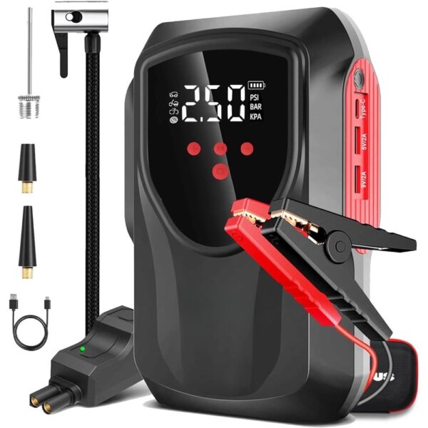 Car Battery Starter With Air Compressor, 3000A 150PSI Portable Car Battery Starter12V Battery Charger Booster Box Car With LCD Display, LED Light, USB QC3.0