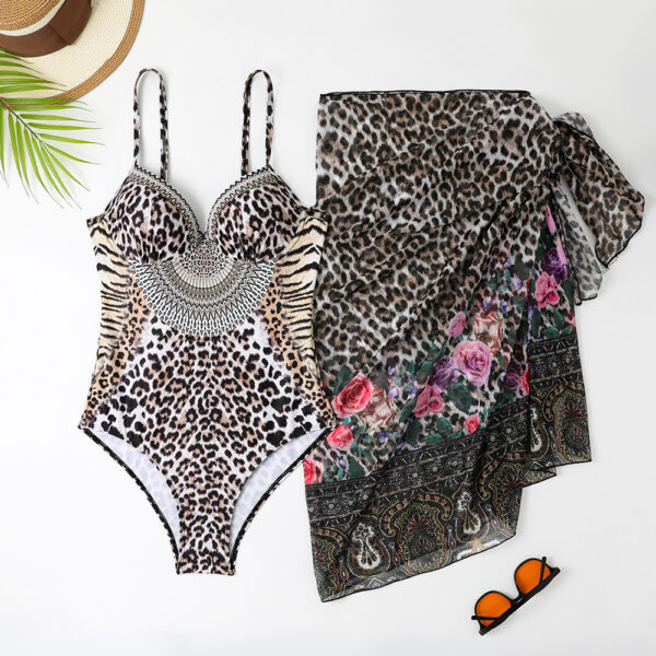 Women's Leopard Print Casual One-piece Swimsuit Mesh Long Dress - Image 6