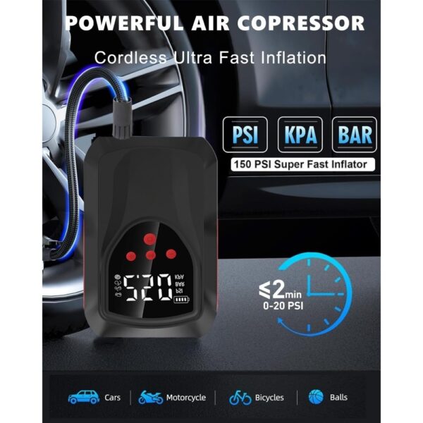 Car Battery Starter With Air Compressor, 3000A 150PSI Portable Car Battery Starter12V Battery Charger Booster Box Car With LCD Display, LED Light, USB QC3.0 - Image 5