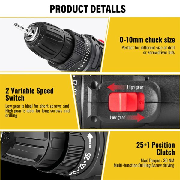 2 Battery 21V Cordless Combi Hammer Impact Drill Driver Electric Screwdriver Kit - Image 10