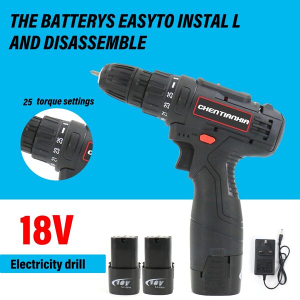 2 Battery 21V Cordless Combi Hammer Impact Drill Driver Electric Screwdriver Kit - Image 3