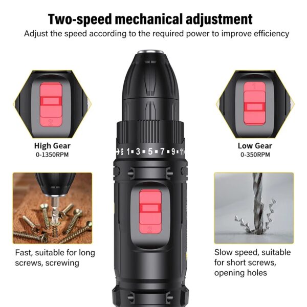 2 Battery 21V Cordless Combi Hammer Impact Drill Driver Electric Screwdriver Kit - Image 4