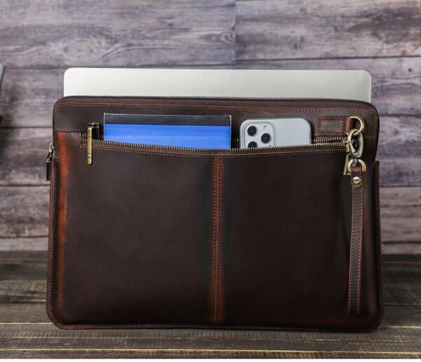 Retro Crazy Horse Leather Notebook Zipper Computer Bag - Image 7