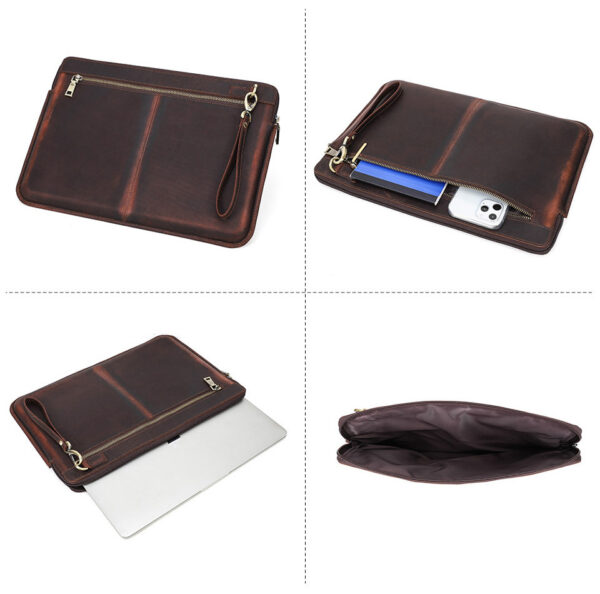 Retro Crazy Horse Leather Notebook Zipper Computer Bag - Image 3