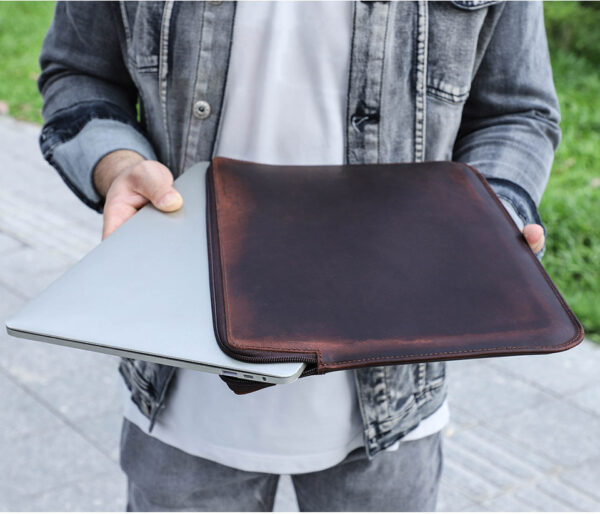 Retro Crazy Horse Leather Notebook Zipper Computer Bag - Image 6