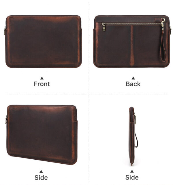 Retro Crazy Horse Leather Notebook Zipper Computer Bag - Image 2